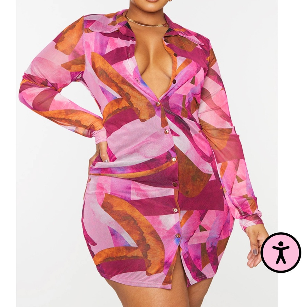 Plt Plus Pink Abstract Mesh Button Down Shirt Dre… - image 1